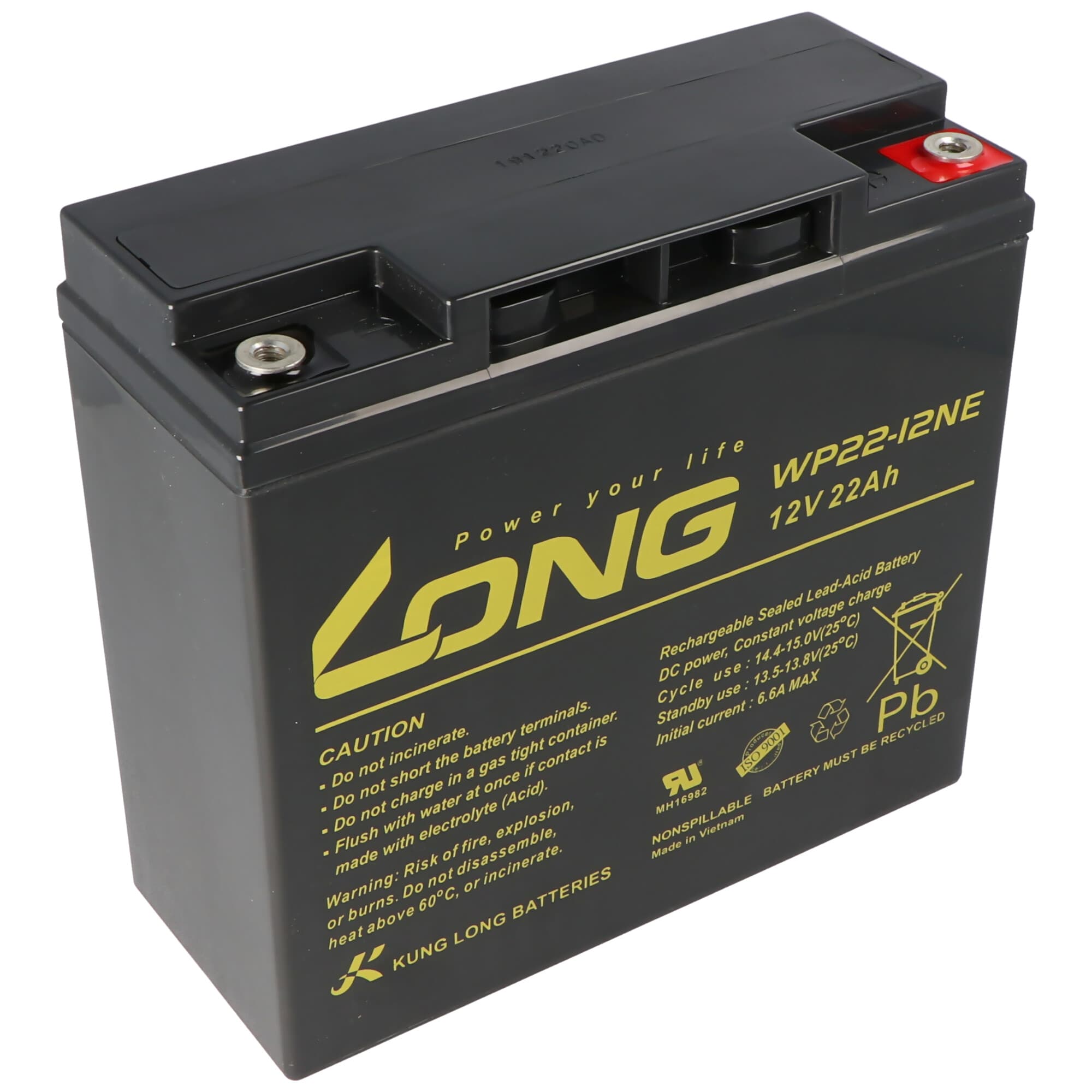 Batterie pour systèmes d'alarme 12 volts 22 Ah 181x76 x167mm, filetage intérieur M6
